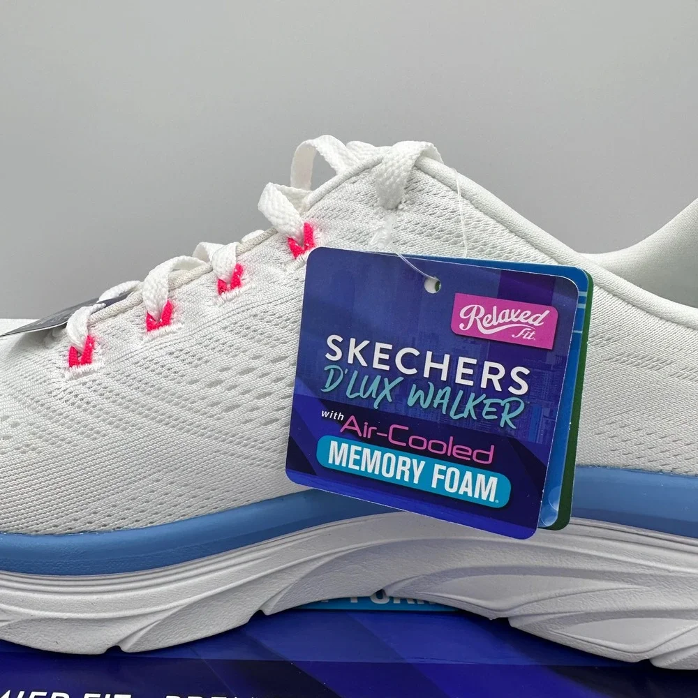 Skechers D'Lux Walker Sneakers Womens 9.5 White Blue Infinite Motion 149368 NEW